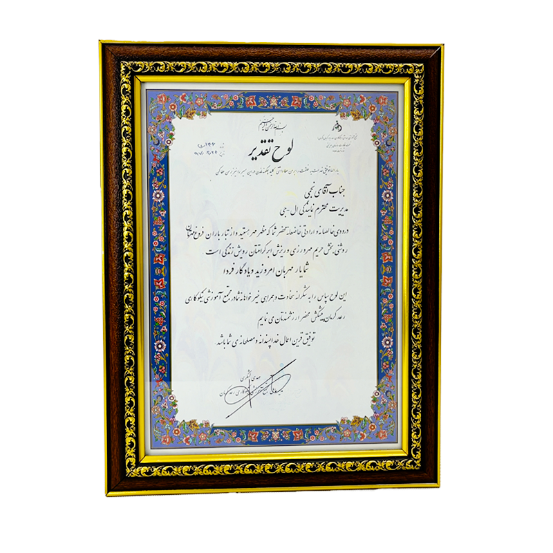 لوح سپاس تقدیمی از مجتمع آموزش نیکوکاری رعد کرمان